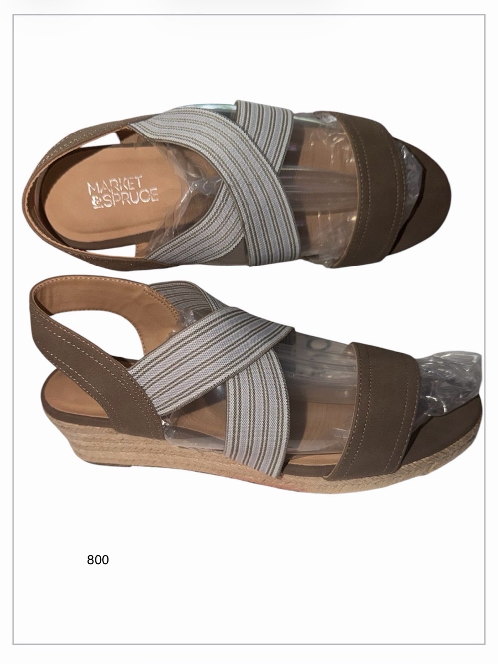 *N.W.O.T.* Market & Spruce Taupe and Grey Striped Elastic Wedge Sandals